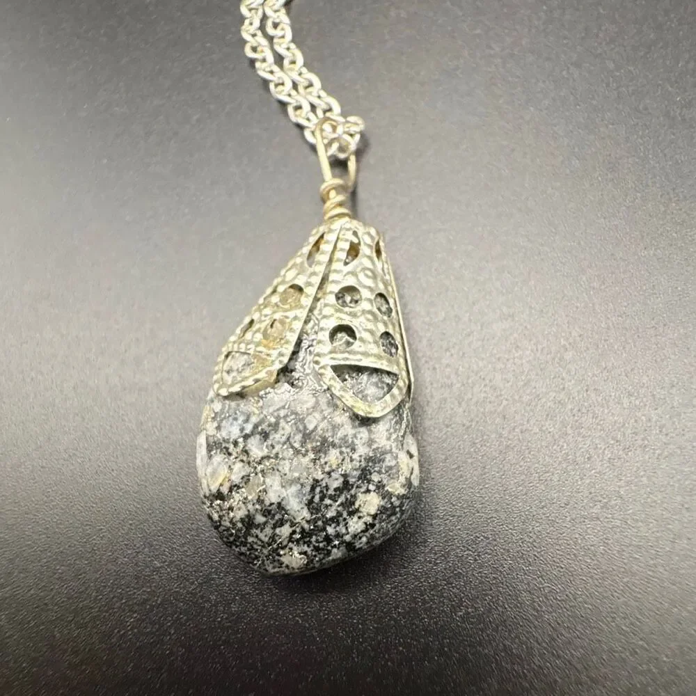 Silver and Gray Granite Pendant, 18”, NEW